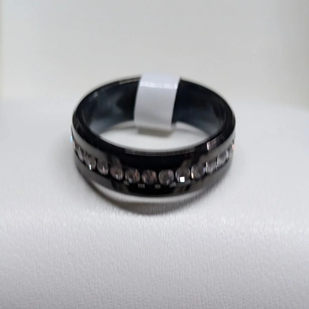 NEW Crystal Eternity Ring PLus Size 10 Black Band Clear Rhinestones Wedding Gift
